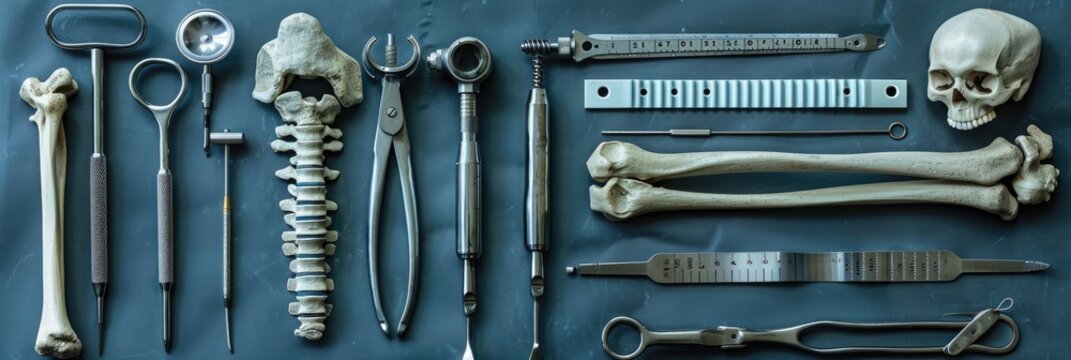 Various surgical tools and skeletal anatomy models arranged on a blue surface, medical and educational equipment.