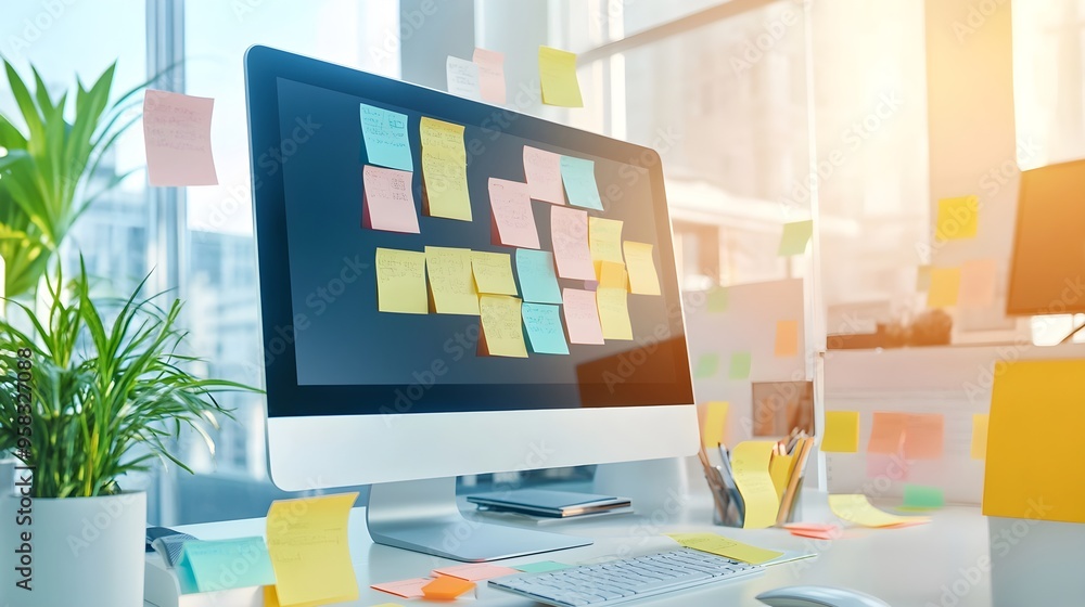 Poster colorful sticky notes on computer screen - productivity concept
