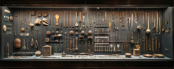 Wall of vintage tools and equipment displayed in a museum exhibit showcasing historical craftsmanship and technology advancements.