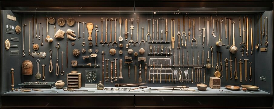 Wall of vintage tools and equipment displayed in a museum exhibit showcasing historical craftsmanship and technology advancements.
