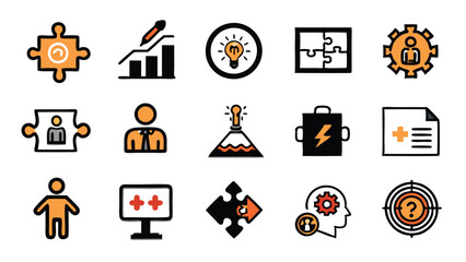 Set of 7 icons, hand-drawn style, depicting teamwork challenge, jigsaw puzzle, solution.