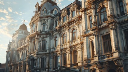 Fototapeta premium A restored historical building with detailed architectural elements in a city center, creating a historic and grand atmosphere.