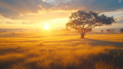 Fototapeta premium A lone tree silhouetted against a golden sunset over a vast grassy field.