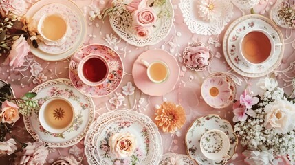 Vintage Tea Party Table Setting with Flowers and Teacups