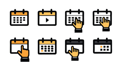 Vector illustration of calendar icons with hand selecting a date.