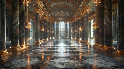 A grand palace interior with marble floors and tall columns, creating a majestic and regal atmosphere.