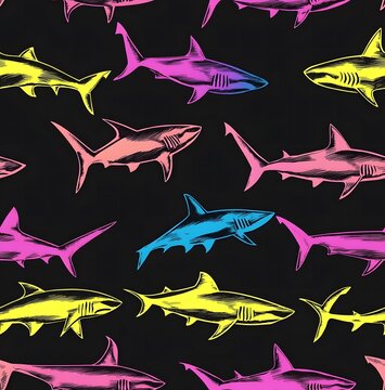 seamless pattern of neon-colored sharks