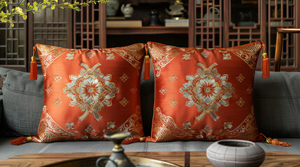 luxurious interior scene featuring two ornate orange silk pillows with intricate floral patterns, set against a backdrop of rich wooden furniture and traditional Asian decor.
