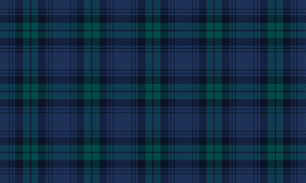 Plaid fabric pattern, blue, green, black, seamless for textile and design clothes skirt pants apron tablecloth blanket or decoration. Vector illustration.