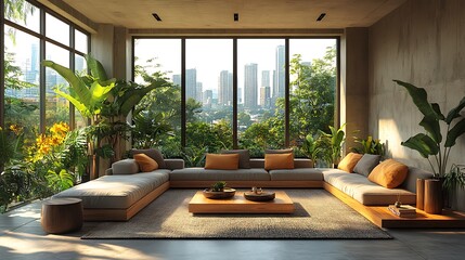 Fototapeta premium A serene loft living room designed as an urban jungle, with a variety of plants, natural wooden furniture, and floor-to-ceiling windows showcasing a vibrant cityscape,