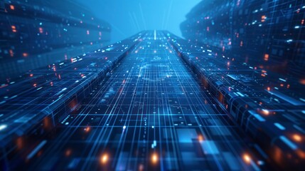 A futuristic digital blueprint of a skyscraper with advanced architectural details and design elements in a high-tech environment, creating a technical and precise atmosphere.