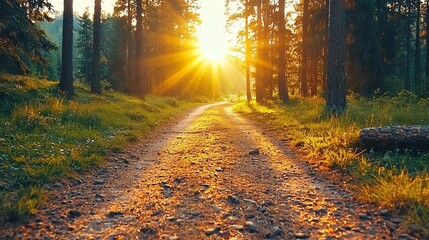 Fototapeta premium Golden Forest Path at Sunset.