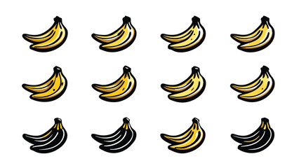 A set of 12 hand-drawn banana icons in vector format, featuring both yellow and black variations.