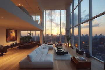 sleek urban loft with floortoceiling windows framing dramatic city skyline minimalist interior design emphasizes clean lines and panoramic views