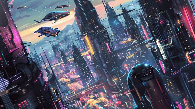 Futuristic Cityscape with Flying Cars and Neon Lights