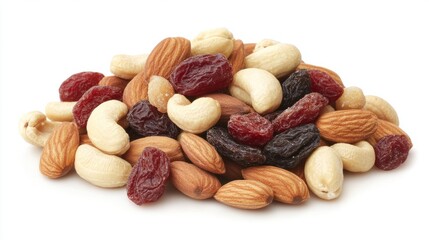 A pile of assorted nuts and dried fruits for a trail mix