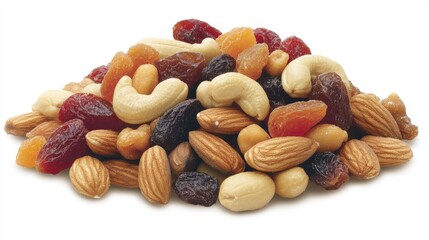 A pile of assorted nuts and dried fruits for a trail mix