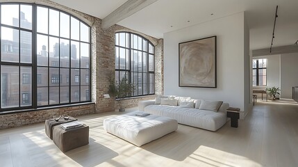 A sleek, minimalist loft living room with clean lines, featuring monochromatic decor in shades of white and gray, a low-profile sofa, and a single statement art piece on the wall,