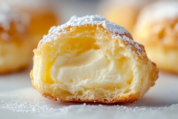 Cream-filled pastry close-up with powdered sugar