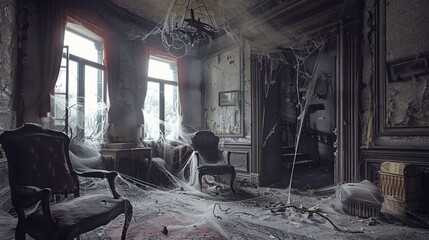 Abandoned House Interior with Cobwebs and Dust