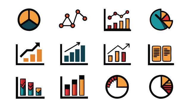 Set of 12 colorful hand-drawn business growth diagrams and charts.
