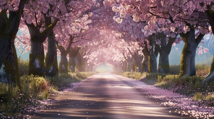 peaceful country road lined with blooming cherry blossom trees