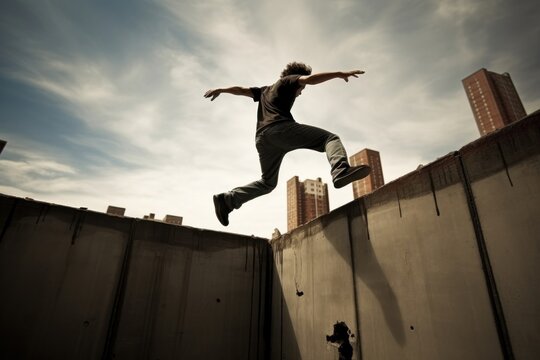 Parkour jumping sports city.