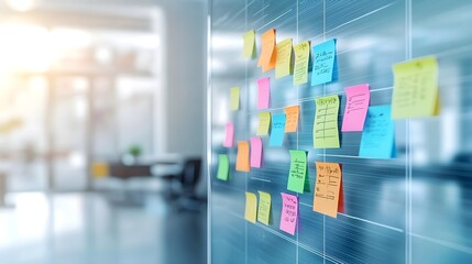 Fototapeta premium Colorful Sticky Notes on Glass Board in Modern Office