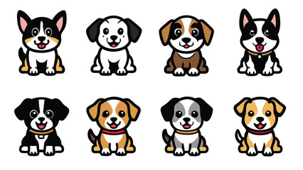 Obraz premium A set of eight adorable cartoon puppy dogs in various poses and colors.