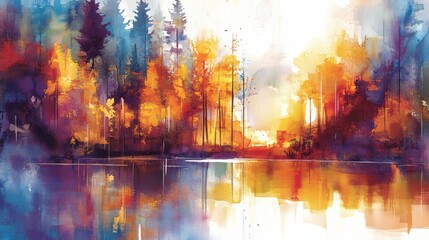 Obraz premium A watercolor painting of an autumn sunset over a small pond