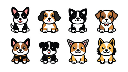 A set of 8 cute cartoon puppy dog characters, with happy expressions.