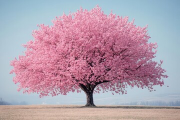 Naklejka premium springtime splendor magnificent cherry blossom tree in full bloom its branches laden with delicate pink flowers set against a pristine azure sky embodying natural beauty and renewal