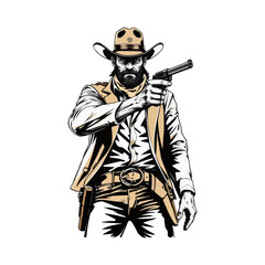 Obraz premium Cowboy with gun mascot logo. Cool bandit cowboy logo design, Western Gunslinger Bandit Wild West Cowboy Gangster illustration