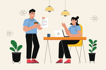 Professional dual team coworking in a modern office environment. Two colleagues collaborating on a project, using laptops and discussing ideas at a shared workspace.