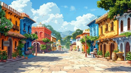 A colorful street scene with a lot of buildings and trees