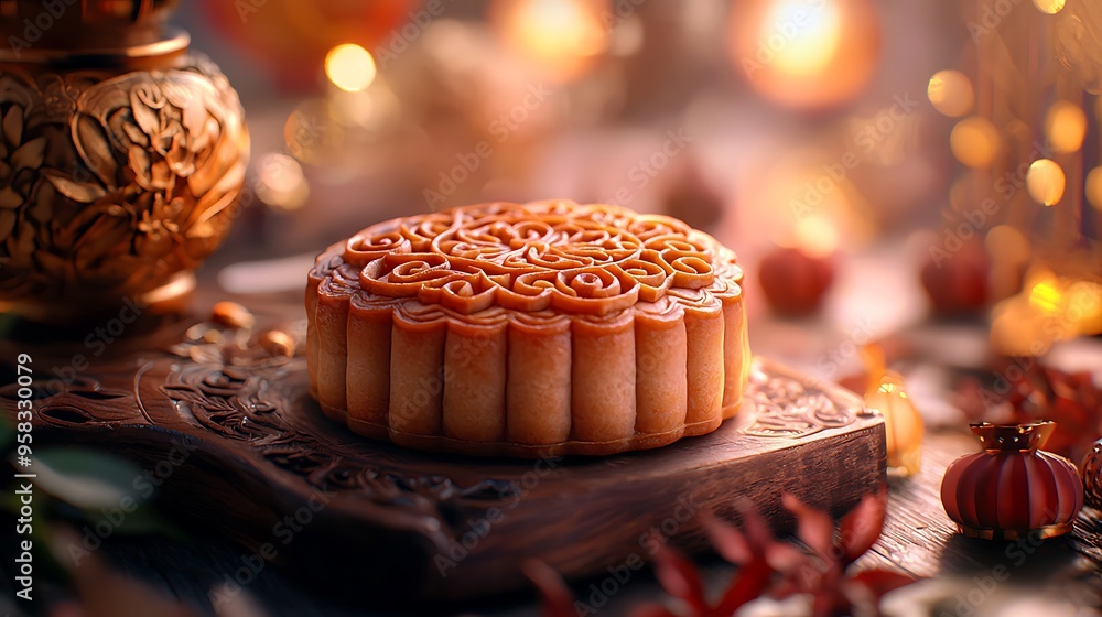 Wall mural A delicious mooncake sits on a wooden plate, illuminated by warm festive lights.