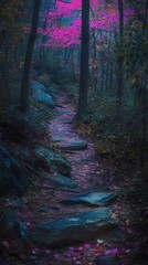Obraz premium A path in the woods with pink leaves on the ground