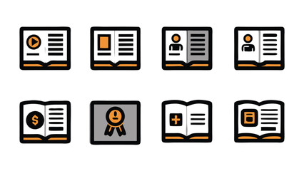 Set of user manual instruction icons in vector format, including symbols for play, user, settings, money, award, plus, and info.