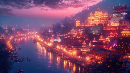 A city with a river running through it and buildings lit up at night