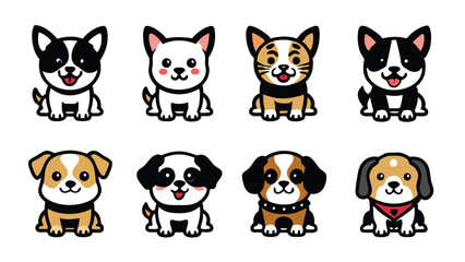 Generate a set of eight cute cartoon puppy dogs in various poses, colors, and breeds. © ndomble
