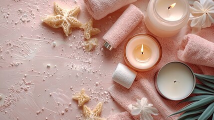 A soothing flat lay of spa essentials featuring candles, soft towels, and decorative starfish, creating a calm and elegant ambiance.