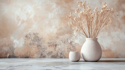 White vase with dried flowers against a textured wall.