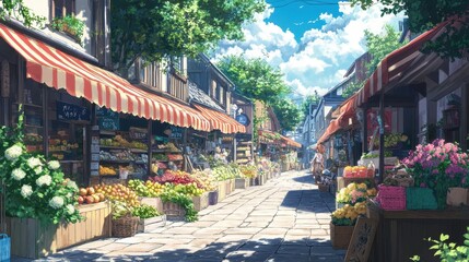 Fototapeta premium Vendors display fresh fruits and vibrant flowers along a cobblestone street in a lively rural market on a sunny day