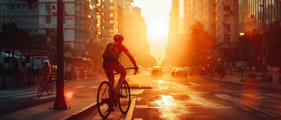 A cyclist with a white helmet and red backpack rides in a city at sunset, with other cyclists. Urban scene with tall buildings, shiny streets, and busy atmosphere as day turns into evening.