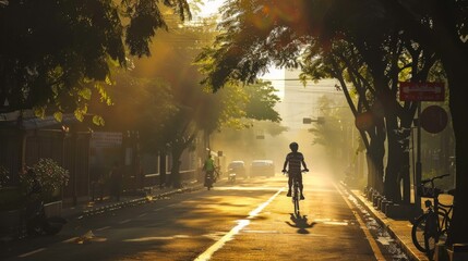 Fototapeta premium A cyclist rides down a quiet tree-lined street in a serene setting. Sunlight creates a silhouette, with no one around, a hazy atmosphere.