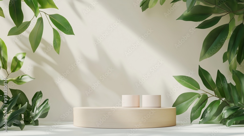 Poster a serene tabletop display featuring minimalist design elements surrounded by lush greenery in soft n