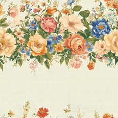 Vintage tapestry vintage floral garland border on vintage beige fabric background, seamless repeating pattern, textile print style, minimal, tapestry design, seamless vintage floral garland border, 
