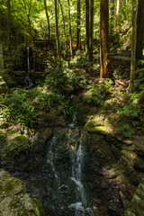 Obraz premium 三重県志摩市磯部町にある天の岩戸を流れる小川と境内の風景