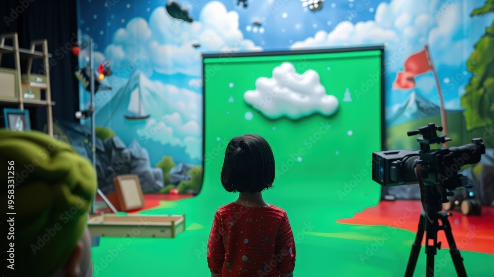Poster virtual book reading session with a green screen backdrop
