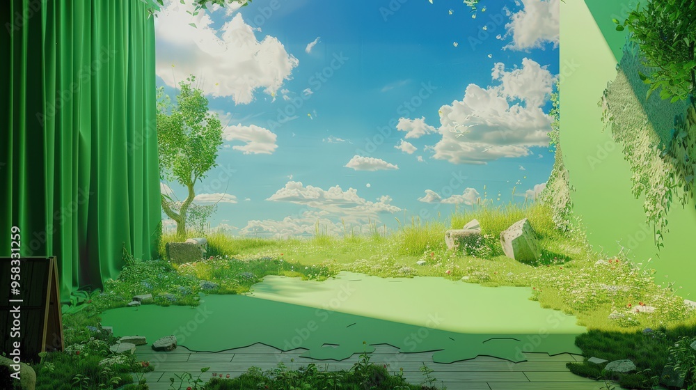 Poster virtual book reading session with a green screen backdrop